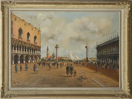 Ivano Bridda "Piazza San Marco" olio su tela (cm 70x100) Firmato in basso a sini