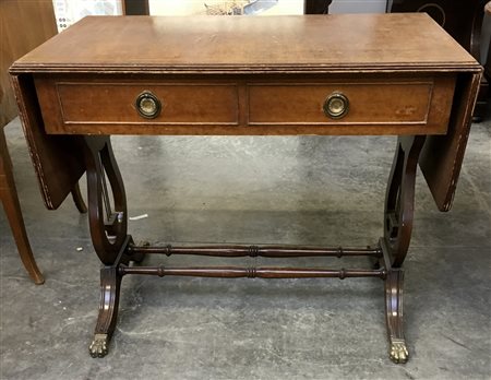 Tavolino scrittoio ad alette lastronato in mogano a due casseti in linea sottop