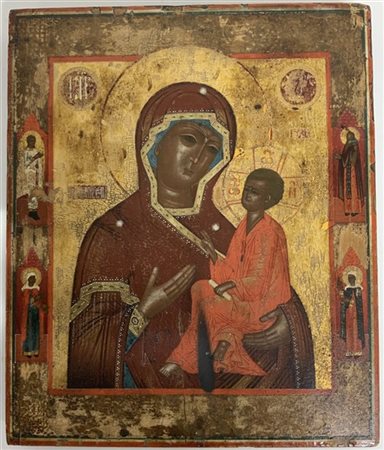 Arte russa del secolo XIX. Madonna con bambino e santi, olio su tavola (cm 33x3