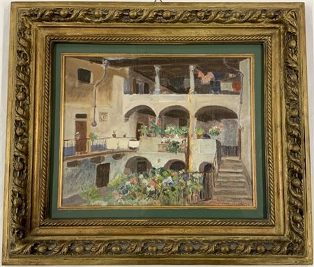 Luigi Uslenghi "Cortile" olio su compensato (cm 28x35) Firmato in basso a destra