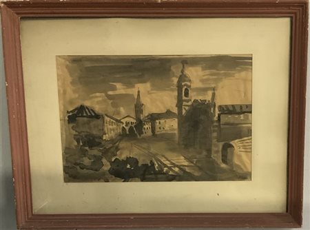 Firma indecifrata "Prospetto di piazza" china su carta (cm 29x44) Firmato e dat