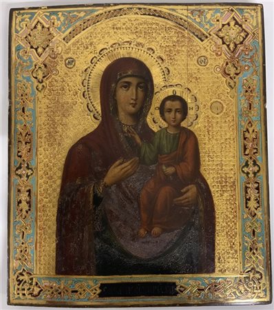 Arte russa di fine secolo XIX, Madonna con bambino. Olio su tavola iscritta in