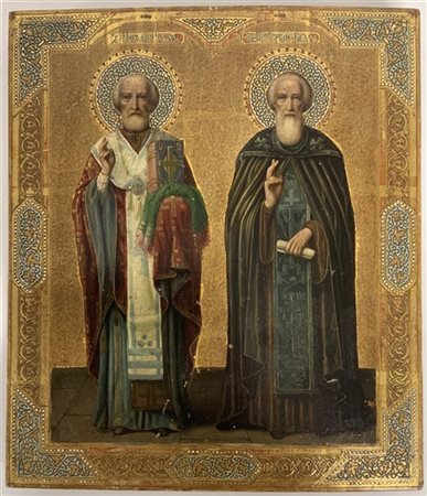 Arte russa del secolo XIX. Santi. Olio su tavola, etichetta metallica al retro