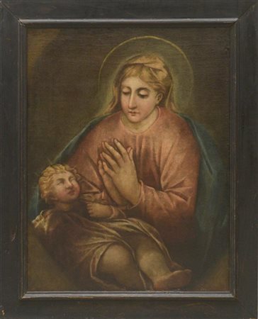 Ignoto "Madonna con Bambino" olio su tela (cm 75x57) In cornice (difetti e rest
