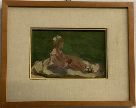 Firma indecifrata "Bambina nel prato" olio sucompensato (cm 12x18,5) Firmato e