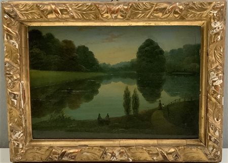 Rachael Lowther "Paesaggio lacustre" olio su cartone pressato (cm 23x30,5) Firma