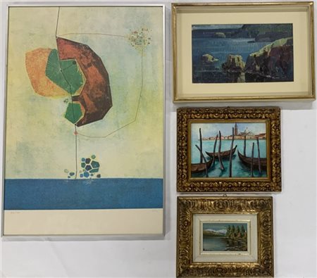 Lotto composto da tre dipinti raffiguranti paesaggi, di autori e misure diverse