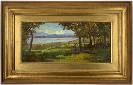 Guido Boggiani "Scorcio lacustre" olio su compensato (cm 20x43) Firmato in basso