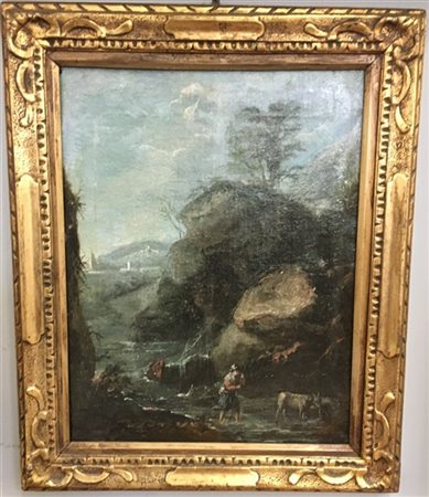 Ignoto "Paesaggio fluviale con pastore" olio su tela (cm 42x32) In cornice (dif