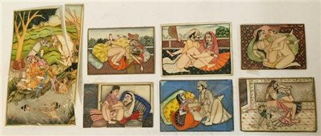 Sette miniature su avorio raffiguranti scene erotiche di manifattura indiana, m