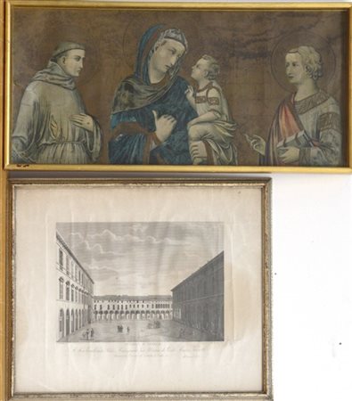 Lotto composto da un'antica incisione raffigurante la piazza d'Imola e una ripr