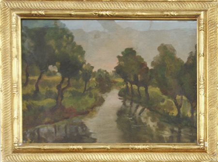 Firma indecifrata "Paesaggio lacustre" olio su compensato (cm 44x56) in cornice