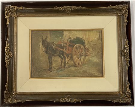 Firma indecifrata "Il carretto" olio su tavola (cm 19x27) Firmato in basso a si
