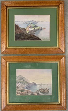 Firma indecifrata "Paesaggi con scogliere" Coppia di dipinti ad olio su cartonc