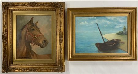Lotto composto da due dipinti ad olio raffiguarnti testa di cavallo e barche in