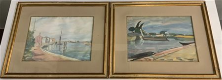 Silvio Consadori Coppia di dipinti a tempera su cartoncino raffiguranti "Marine"