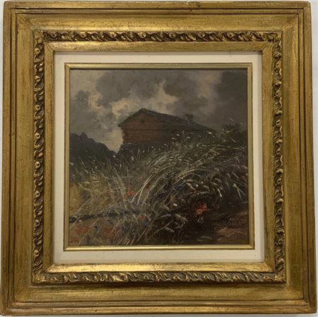 Leonardo Roda "Il casolare" 1920, olio su cartone (cm 22.5x22.5) Firmato e datat