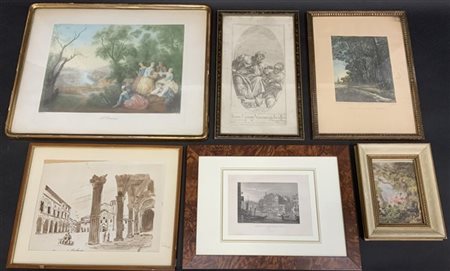 Gruppo di sei incisioni e riproduzioni, di soggetto, autori ed epoche different