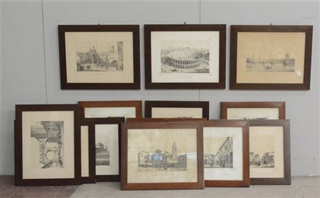 Gruppo di tredici incisioni del secolo XIX raffiguranti scorci di Verona, in co