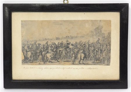 Incisione del secolo XVII raffigurante scena di battaglia, in cornice (gravi di