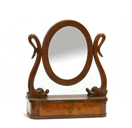 Psiche da tavolo con sostegni a forma di delfino, cassetto nella base, sec. XIX