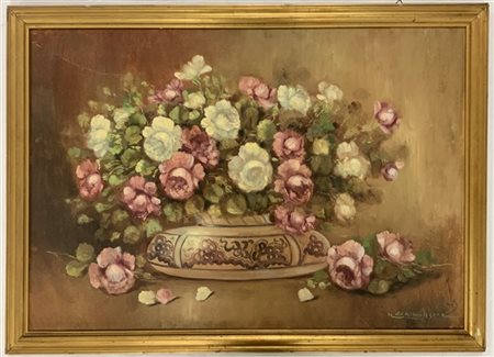Aleardo Galbusera "Vaso con rose" olio su tela (cm 70x100) Firmato in basso a de