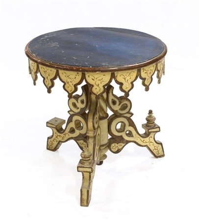 Tavolino tondo in legno laccato avorio e oro, gamba centrale a torciglione con