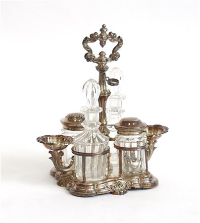 Porta cruet in metallo argentato con saliere esterne e contenitori in vetro (di