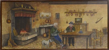 Ignoto "Interno in cucina" 74, olio su tela (cm 54x118) Firmato V. Vittoretti e