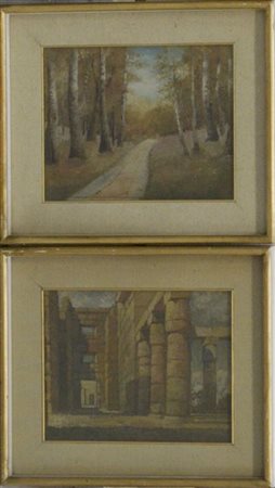 Ignoto "Paesaggio" coppia di olii su cartone (cm 23x28) in cornici