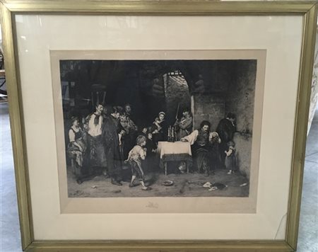 Stampa del secolo XIX raffigurante scena d'interno dedicata in basso a destra,