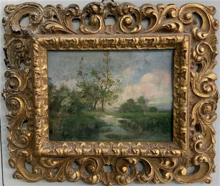 Artista dell'inizio del XX Secolo "Paesaggio lacustre" tempera e olio su carton