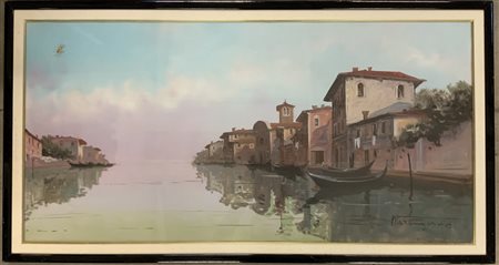 Aldo Marangoni "Canale veneziano" olio su tela (cm 60x120) Firmato in basso a de
