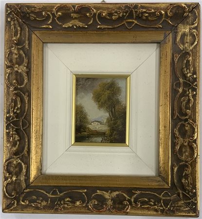 Firma indecifrata "Al fiume" olio su rame (cm 9x7) In cornice