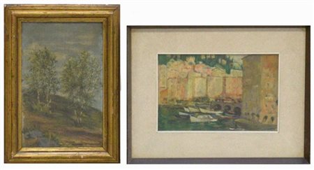 AA. VV. Lotto composto da due dipinti raffiguranti paesaggi, in cornici