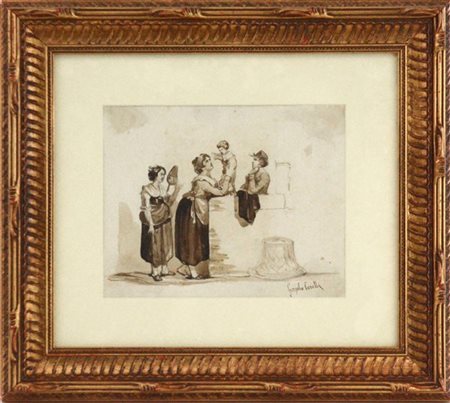 Consalvo Carelli "Gioia della mamma" acquerello su carta (cm 17x21) Firmato in b