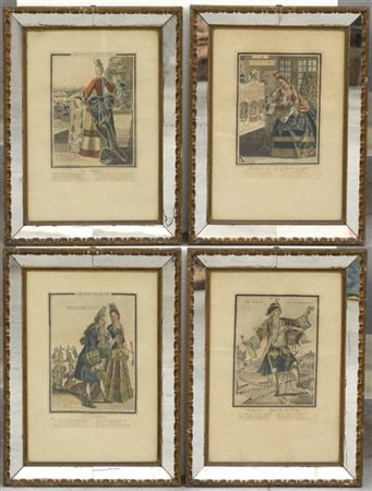 Gruppo di quattro stampe francesi a colori raffiguranti personaggi, in cornici