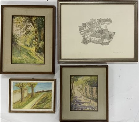 Lotto di quattro opere raffiguranti paesaggi, autori, tecniche e misure differe