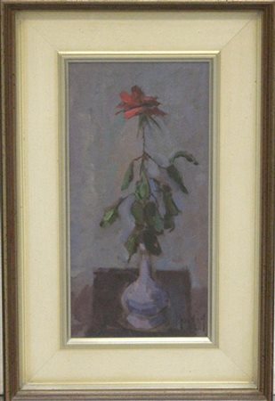 Firma indecifrata "La rosa rossa" olio su masonite (cm 40x20) firmata in basso