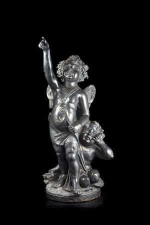 Firma indecifrata, fine secolo XIX "Amorini" gruppo scultoreo in terracotta pat