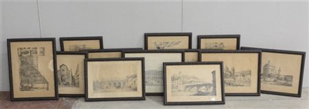 Gruppo di dodici incisioni raffiguranti scorci di Verona, misure differenti, in