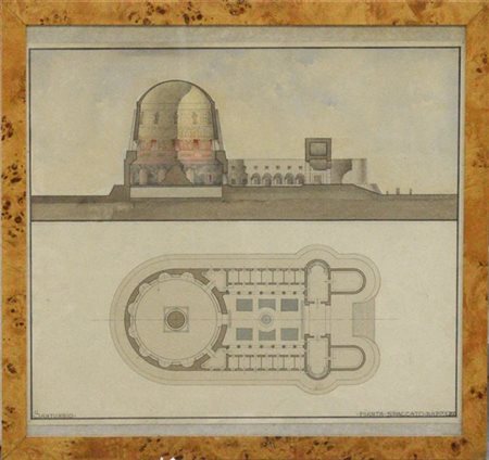 Ignoto del secolo XIX "Pianta di santuario" disegno ad acquarello (cm 52x60) in