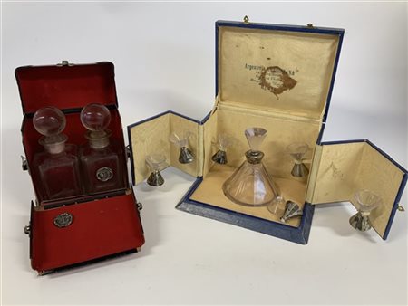 Lotto composto da un servizio per rosolio in cristallo e argento e due bottigli