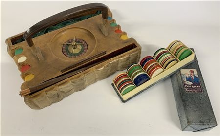 Piccola roulette portatile in radica di legno con elementi decorativi in corno,