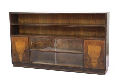 Libreria bassa in legno impiallacciato di palissandro indiano e radica con ripi