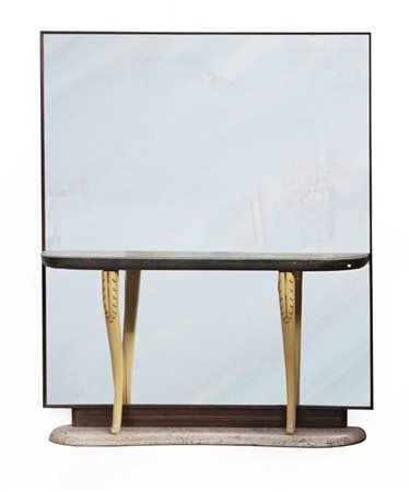 Consolle con specchiera, piano in radica, montanti sagomati e laccati in avorio