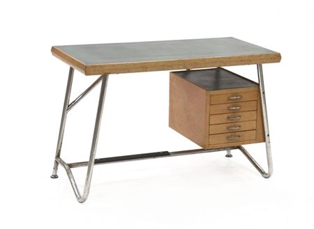 Scrittoio con struttura in tubolare metallico cromato, piano in legno chiaro e