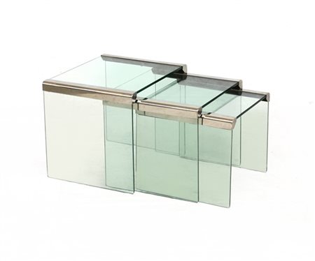 Gallotti e Radice Tre tavolini impilabili. Italia, anni '70. Vetro temperato ver