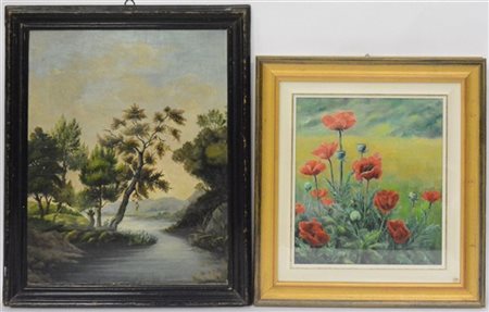 Lotto composto da due dipinti di autori e soggetti diversi. In cornici (difetti