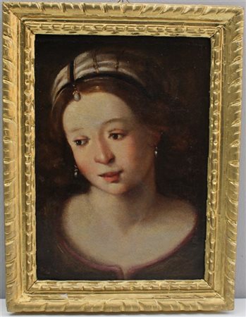 Ignoto "Ritratto di fanciulla con cuffia" antico dipinto ad olio su tela (cm 41